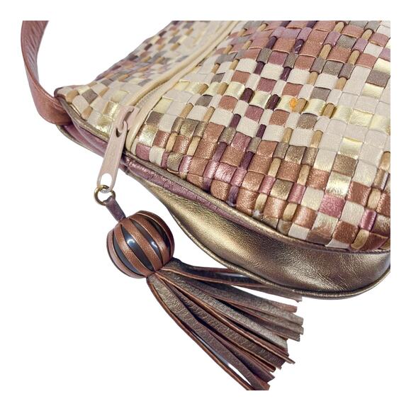 Sharif Metallic Gold Woven LEATHER HANDBAG Plaid Shoulder Crossbody Bag Tassel - Picture 4 of 13